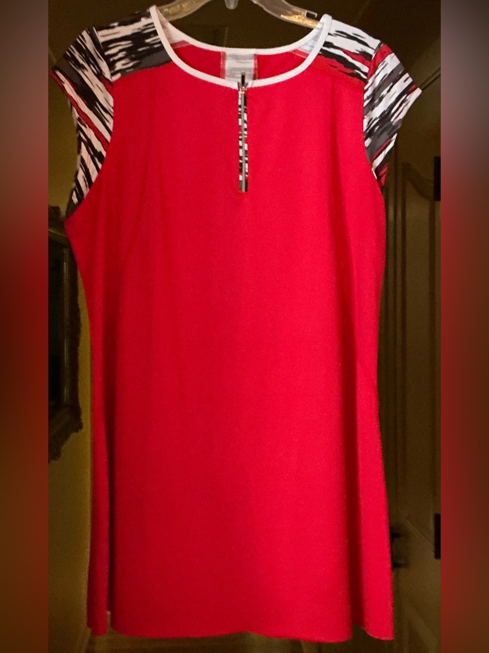 Tail Red Mini Dress with Monochrome Patterned Trim